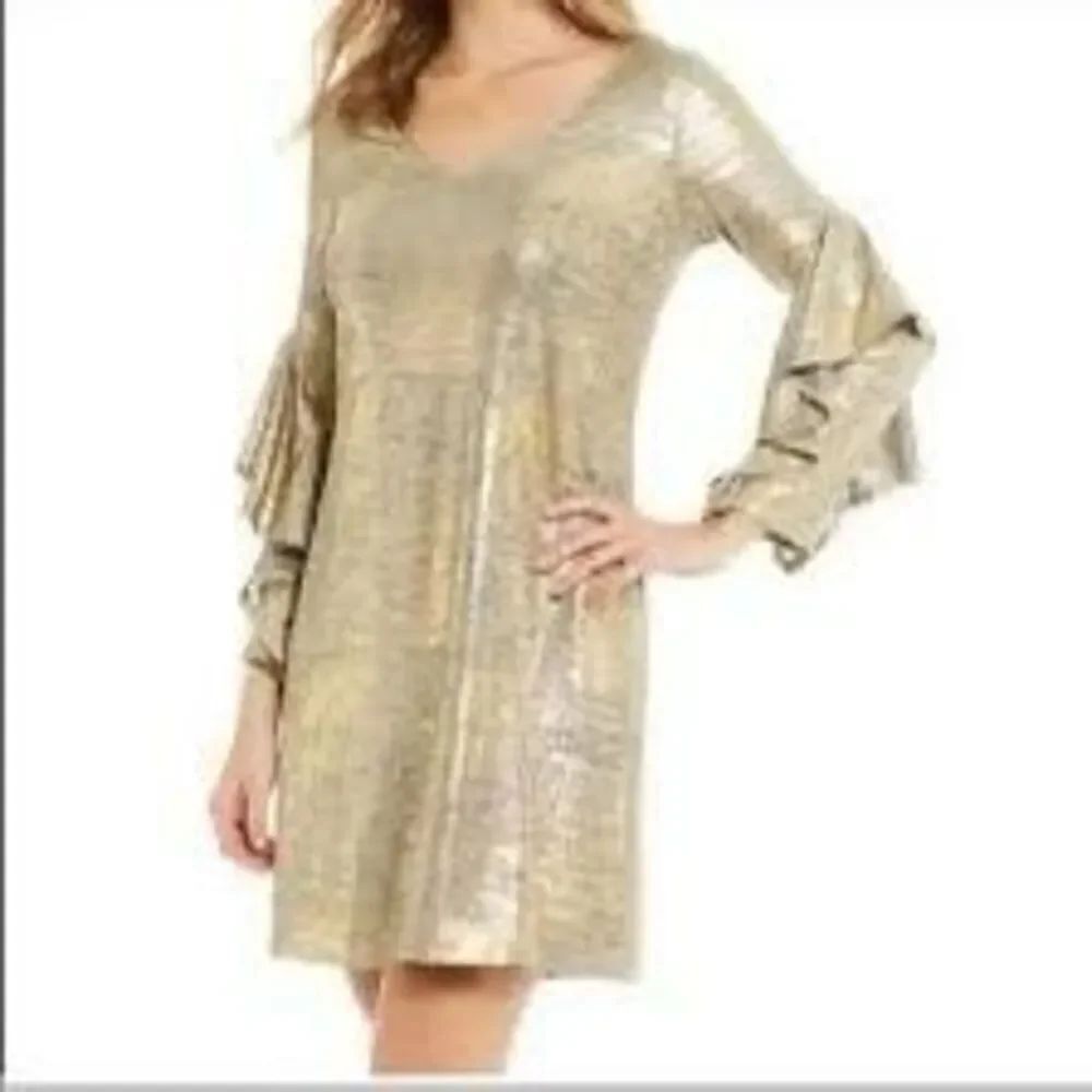 Gibson Latimer S Ruffle Statement Sleeve Cocktail Mini Dress Gold Metallic Party